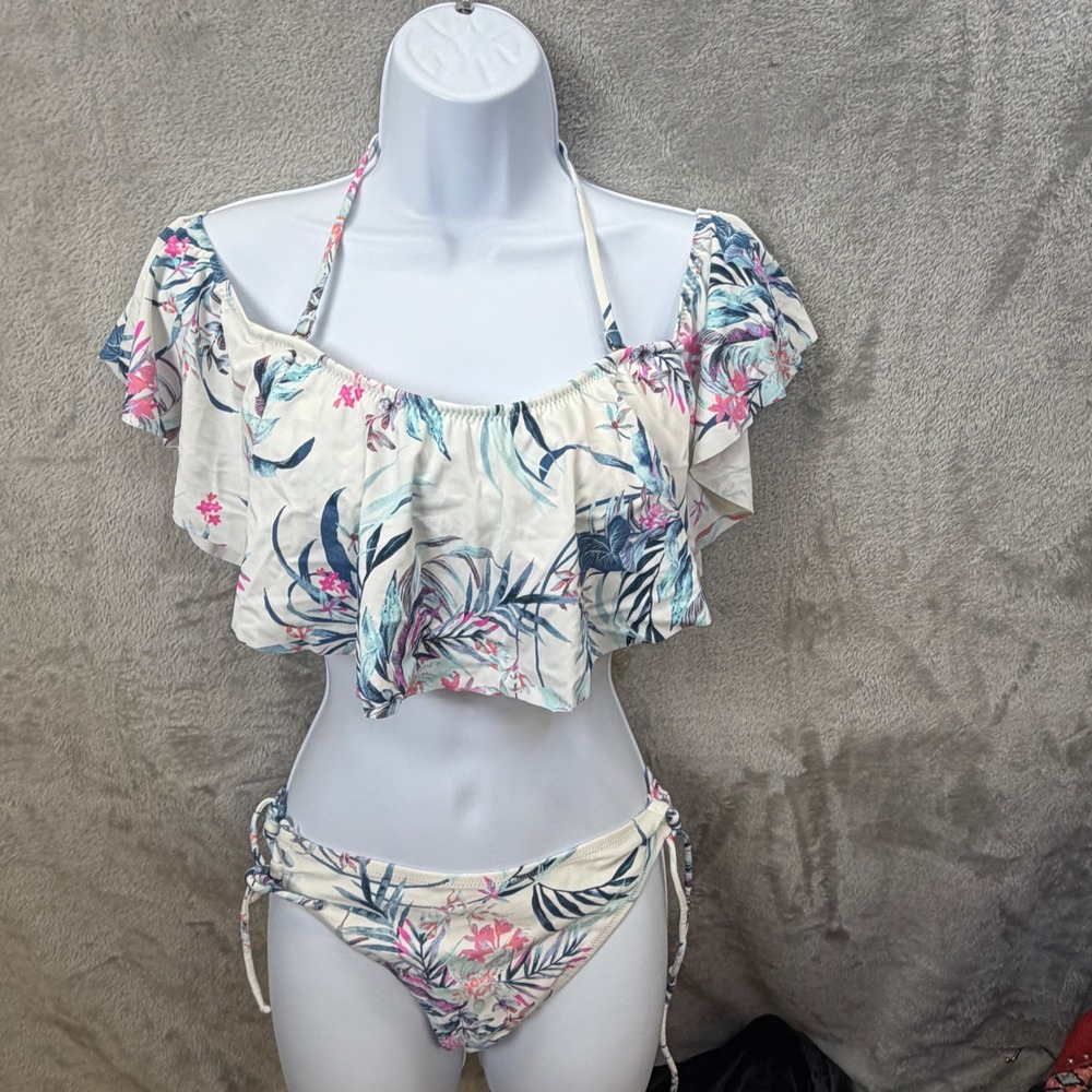 Raisins Tropical Floral Flounce‎ Bikini Set Cream Blue Pink Large Boho